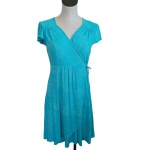 Fresh Produce Dress Wrap Style Turquoise V Neck Short Sleeve Jersey Knit Size Sm